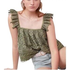 Anthropologie Erin + Ali Green Ruffled Crochet Lace Lined Tank Top Sz Large